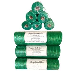 1 PACKAGE - 6 ROLLS (10’X10 YDS) OF POLYPRO MESH RIBBON. EMERALD GREEN SPARKLE